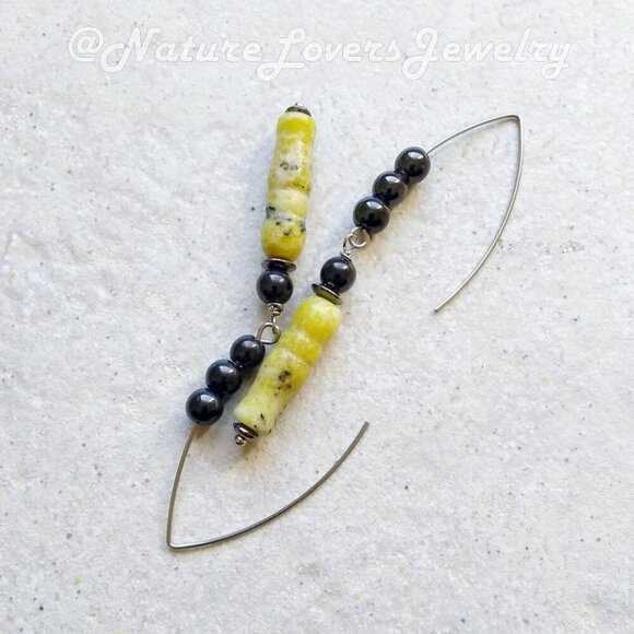 Extra Long 3"~ Yellow/Green/Black Sesame Jasper Dangle Earrings! Edgy + Eclectic - Picture 2 of 6